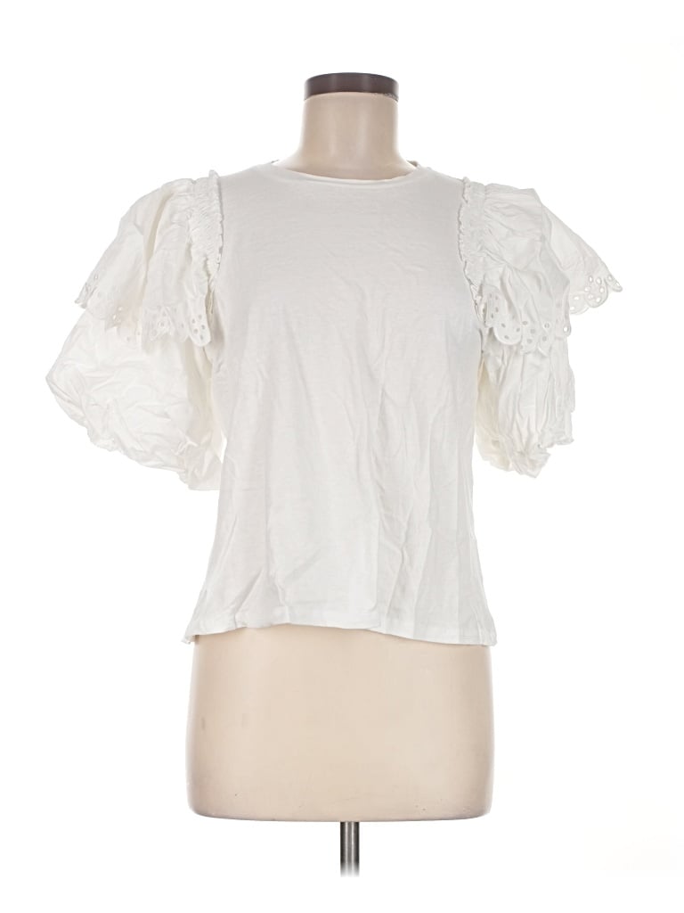 Pre-owned Oddi Short Sleeve Top White Ruffles Neckline Tops