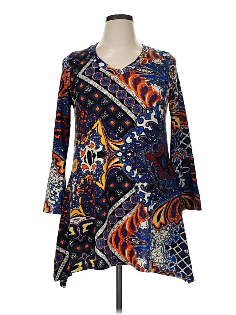 Pre-owned Win Win Long Sleeve Top Blue Paisley Pattern V-neck Tops