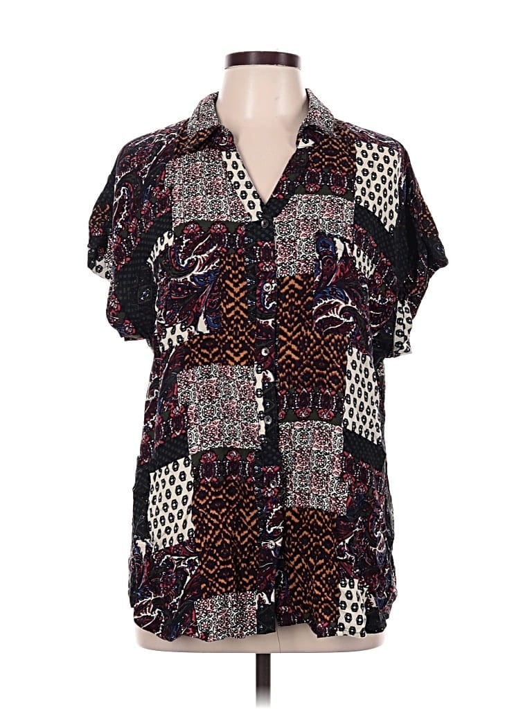 Pre-owned Intro Short Sleeve Blouse In Burgundy
