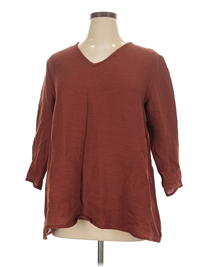 Pre-owned Cut Loose 3/4 Sleeve Top Brown V-neck Tops