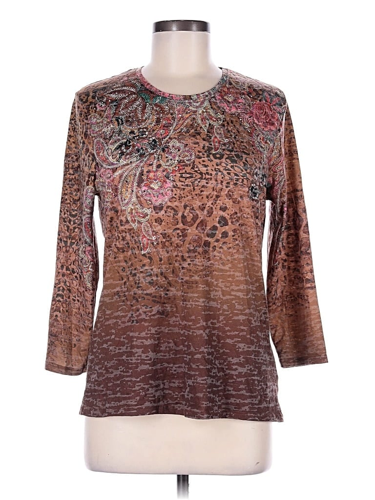 Pre-owned Reba 3/4 Sleeve Top Brown Crew Neck Tops