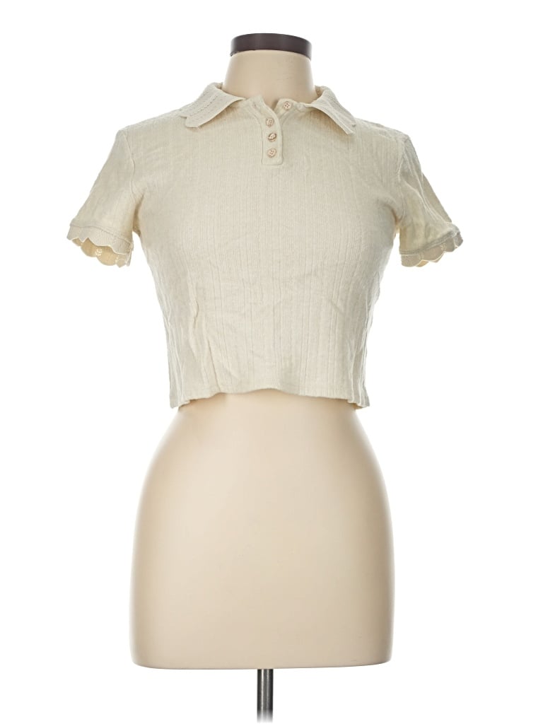 Pre-owned Atelier Short Sleeve Top Ivory Collared Neckline Tops