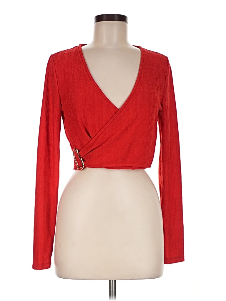 Pre-owned Zaful Long Sleeve Top Red Plunge Neckline Tops