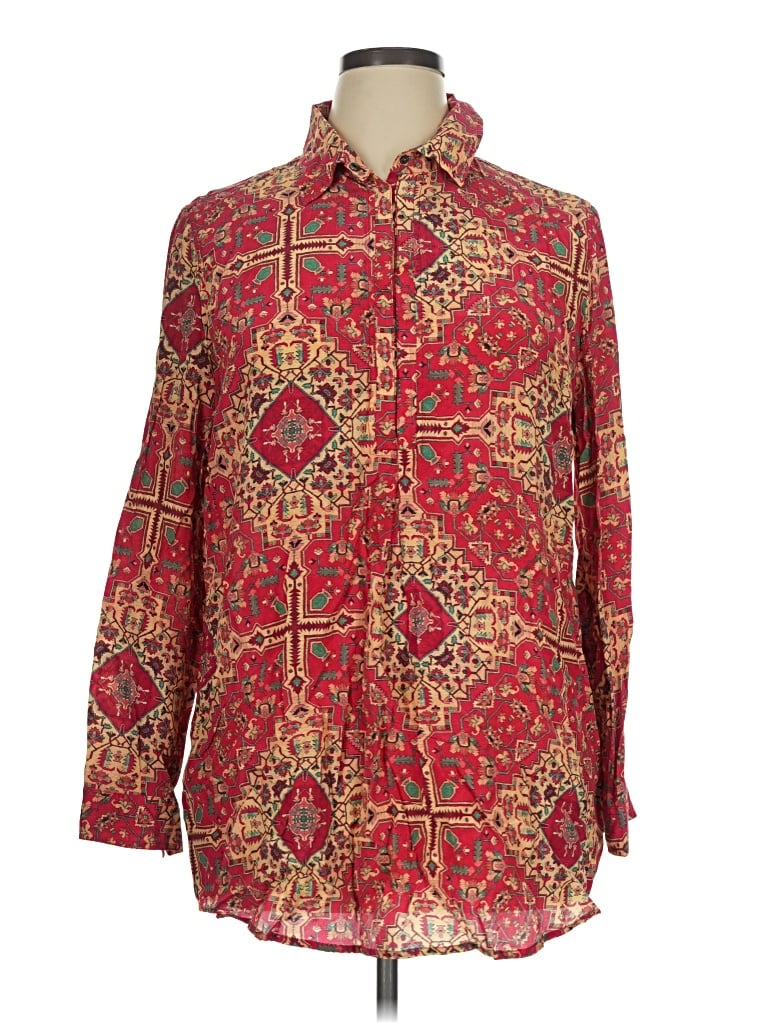 Pre-owned Tyler Boe Long Sleeve Silk Top Red Paisley Pattern Collared Neckline Tops