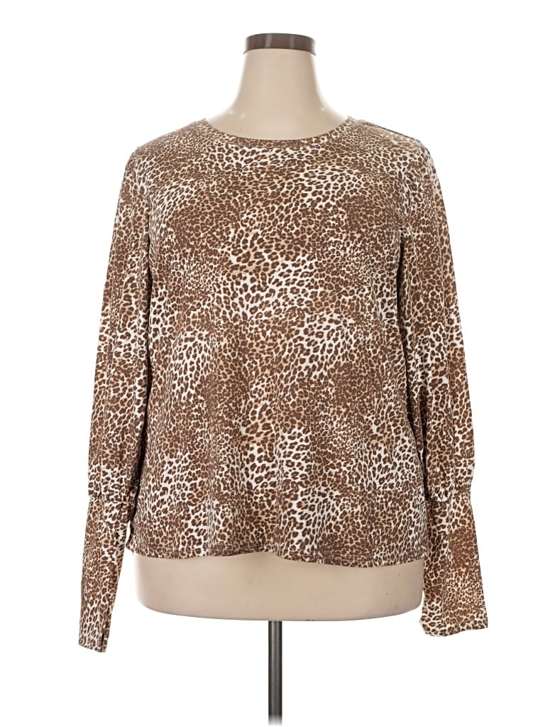 Pre-owned Panhandle Long Sleeve Top Brown Crew Neck Tops