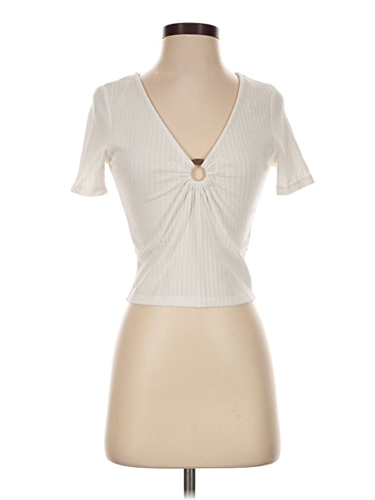 Pre-owned Pull & Bear Short Sleeve Top Ivory Solid Pattern Sweetheart Neckline Tops