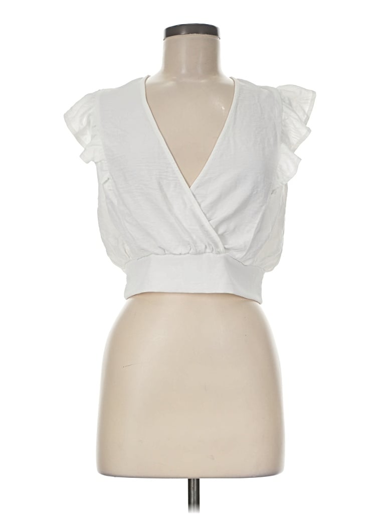 Pre-owned Monteau Short Sleeve Top White Plunge Neckline Tops