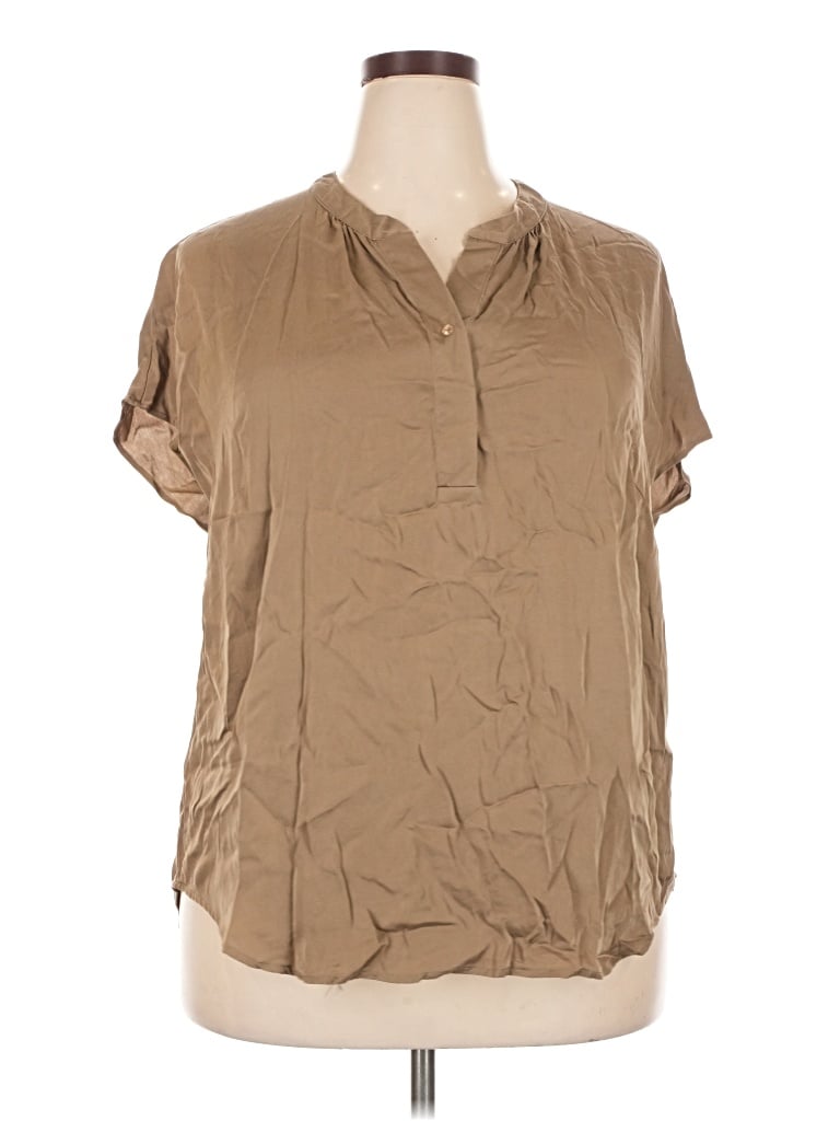 Pre-owned Quince Short Sleeve Silk Top Tan Open Neckline Tops