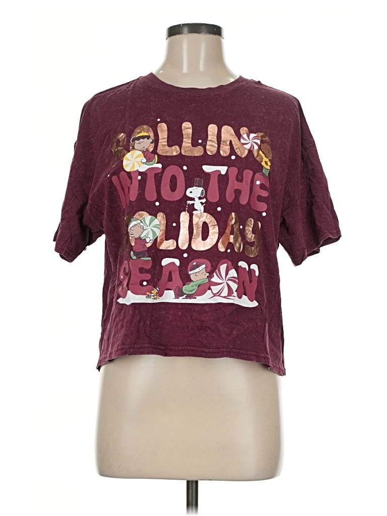 Pre-owned Peanuts Short Sleeve Top Burgundy Scoop Neck Tops