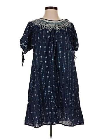 Madewell Embroidered Puff-Sleeve Babydoll Dress in Indigo Plaid (view 1)