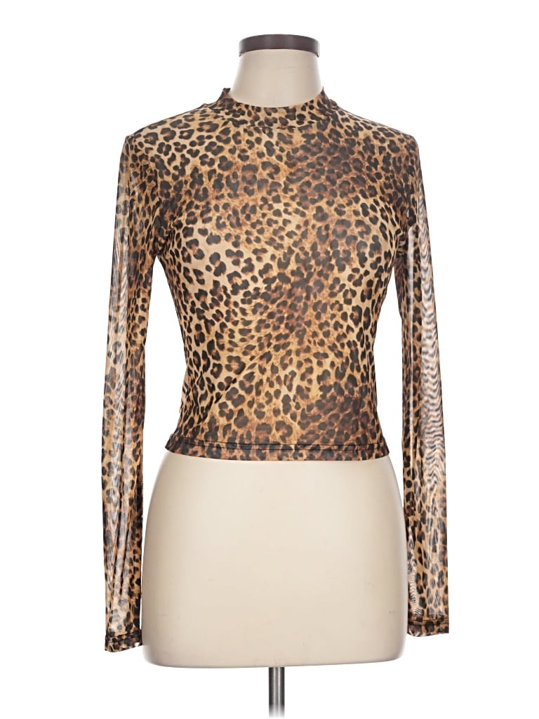 Pre-owned Akira Long Sleeve Top Brown Animal Print Pattern High Neck Tops
