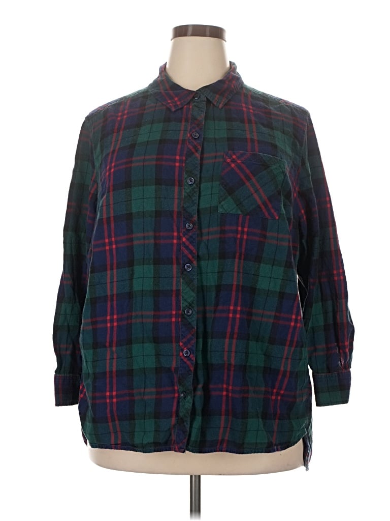 Pre-owned Faded Glory 3/4 Sleeve Button Down Shirt In Green