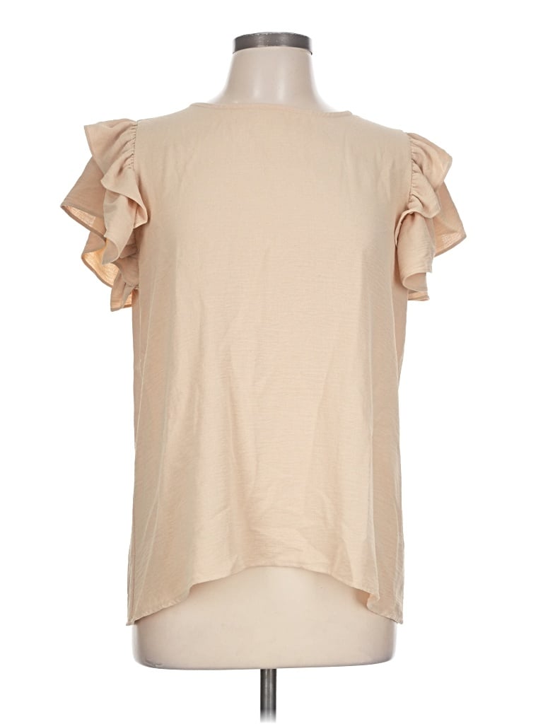 Pre-owned Adore Me Short Sleeve Top Tan Ruffles Neckline Tops