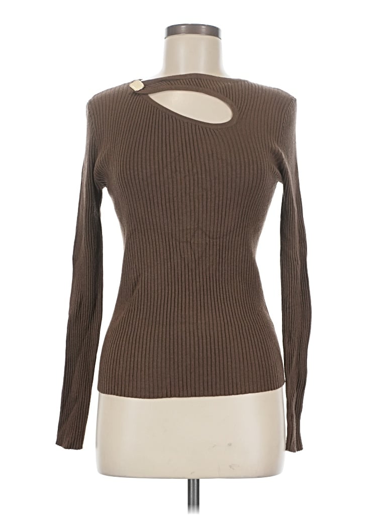Pre-owned Ember Long Sleeve Top Brown Keyhole Neckline Tops