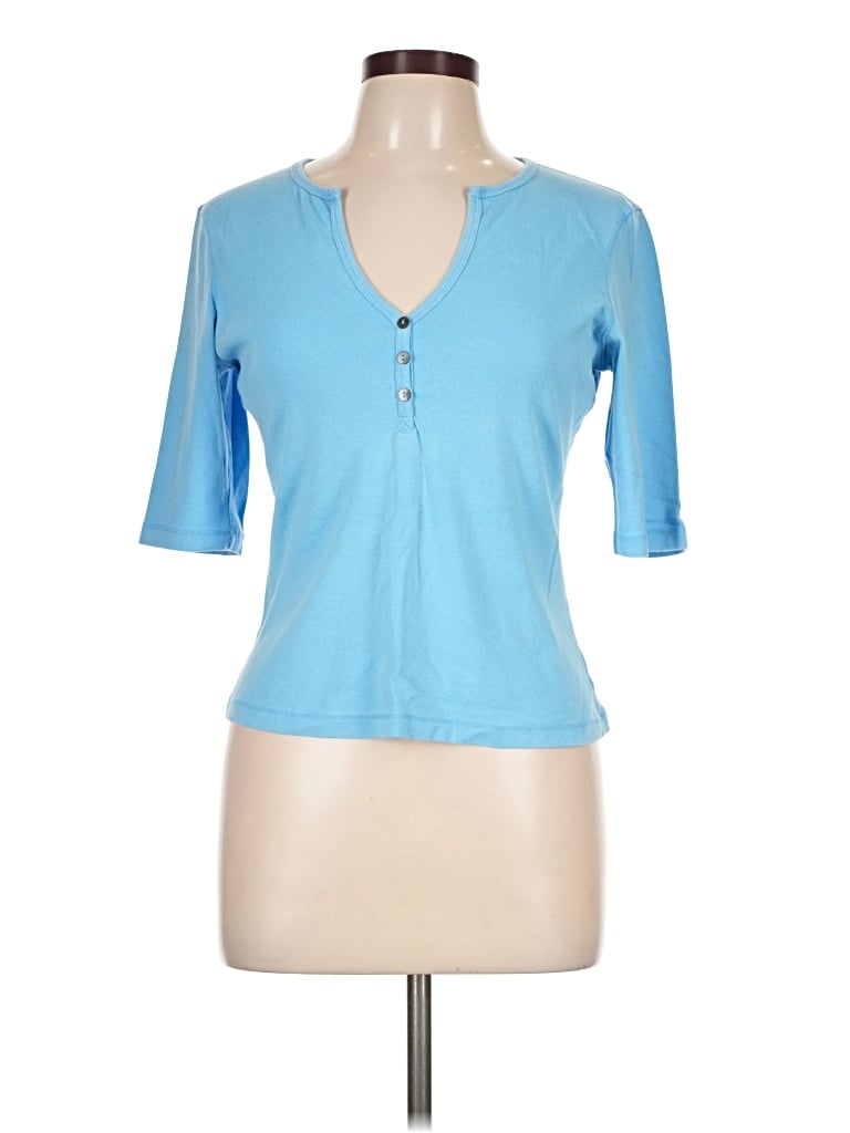 Pre-owned Moda International Short Sleeve Henley Shirt In Blue