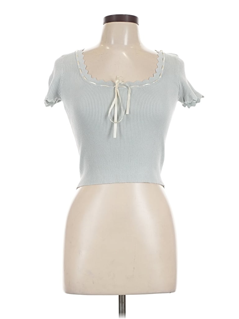 Pre-owned The Workshop Short Sleeve Top Blue Sweetheart Neckline Tops