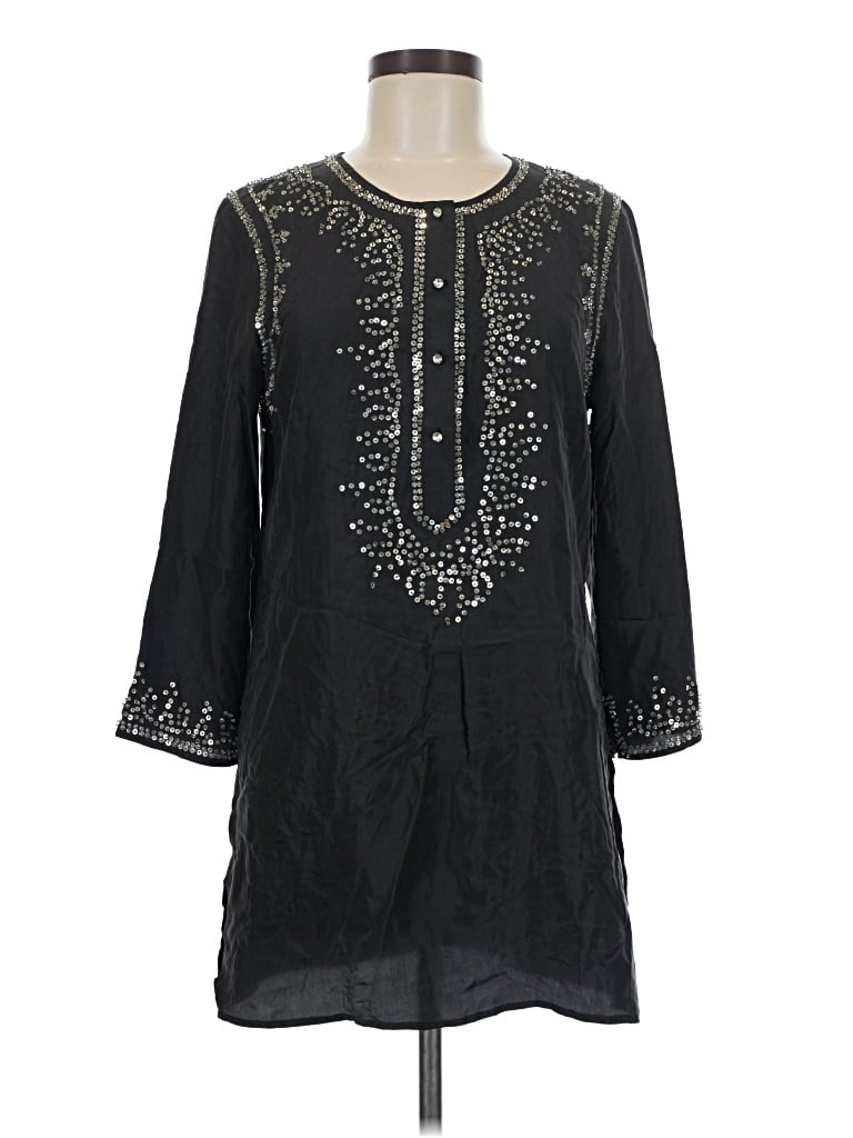 Pre-owned Central Park West 3/4 Sleeve Silk Top Black Keyhole Neckline Tops