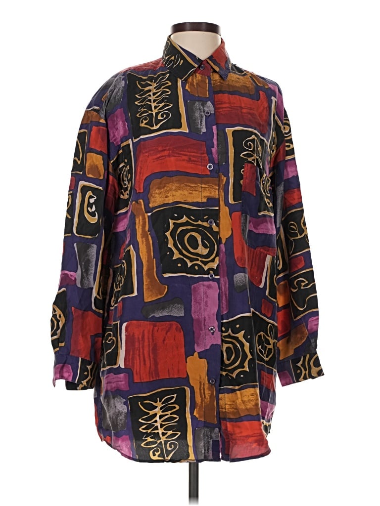 Pre-owned Jane Ashley 3/4 Sleeve Silk Top Purple Print Pattern Square Neckline Tops