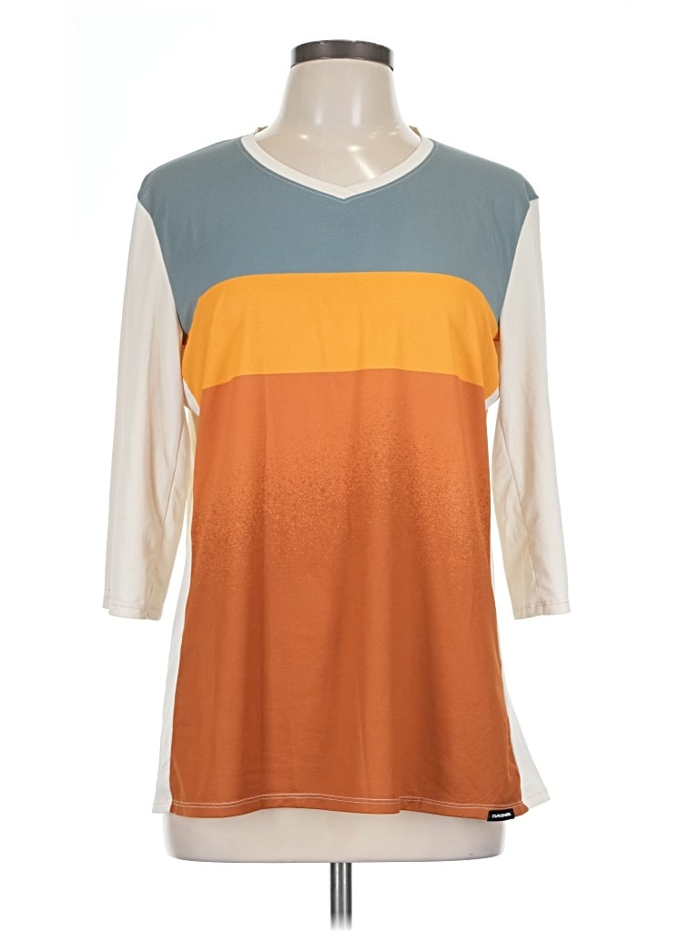 Pre-owned Dakine 3/4 Sleeve Top Orange Color Block Pattern Crew Neck Tops
