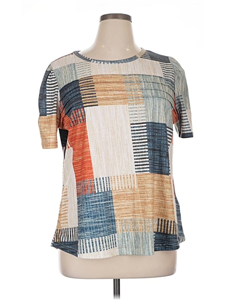 Pre-owned Lillusory Short Sleeve Top Tan Color Block Pattern Square Neckline Tops