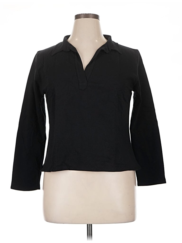 Lezat 3/4 Sleeve Top Black Collared Neckline Tops