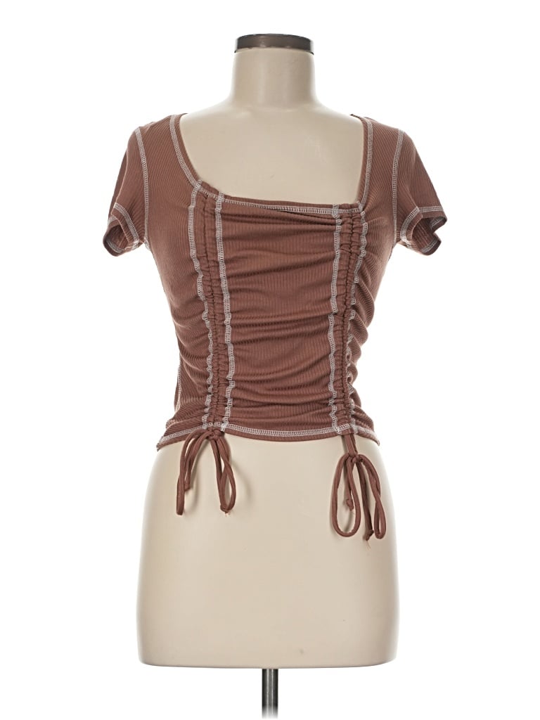 Pre-owned Just Polly Short Sleeve Top Brown Sweetheart Neckline Tops