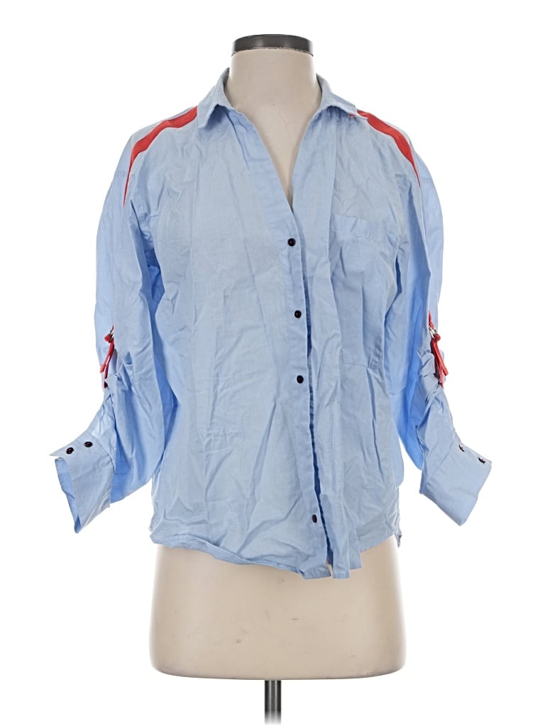 Pre-owned Zara Basic 3/4 Sleeve Button Down Shirt In Blue