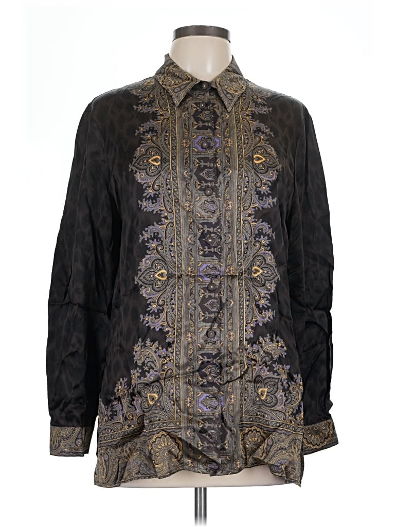 Pre-owned Jaeger Long Sleeve Silk Top Black Paisley Pattern Mock Neckline Tops