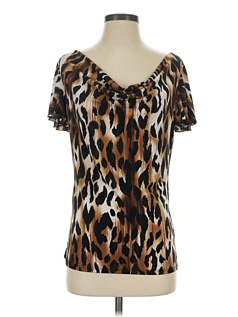 Grace Elements Short Sleeve Top Brown Animal Print Pattern Sweetheart Neckline Tops