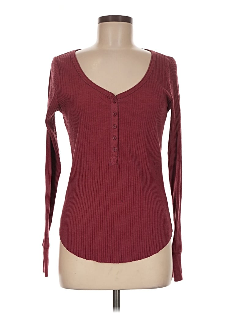 Pre-owned Aerie Long Sleeve Henley Shirt In Burgundy