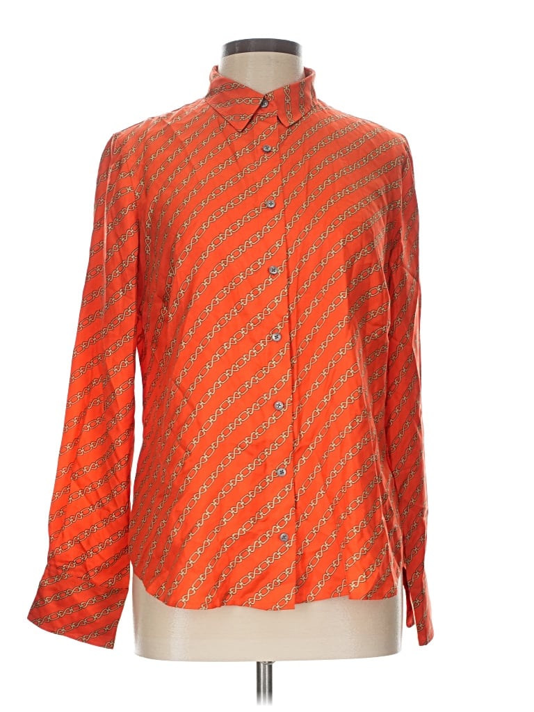 Pre-owned J.crew Collection Long Sleeve Silk Top Orange Print Pattern Mock Neckline Tops