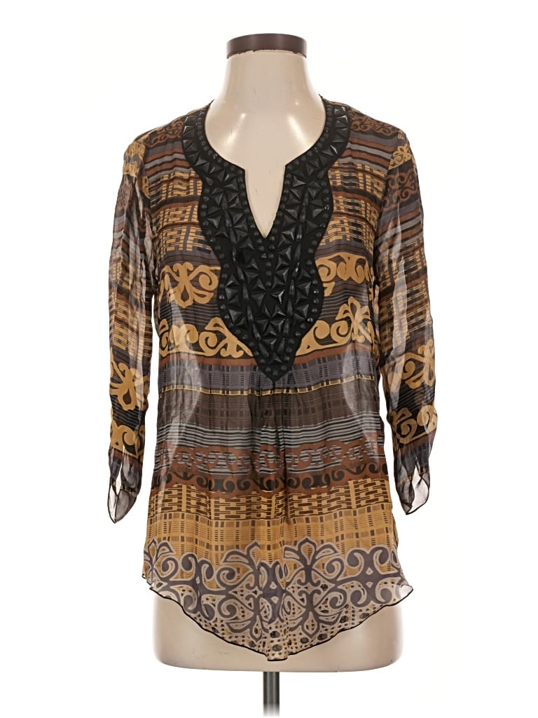 Pre-owned Hale Bob 3/4 Sleeve Silk Top Brown Plunge Neckline Tops