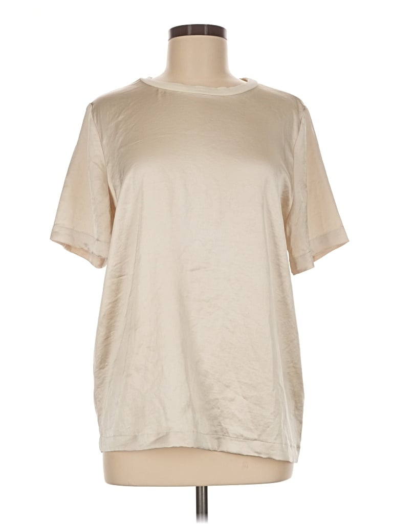 Pre-owned Open Edit Short Sleeve Top Ivory Metallic Pattern Mock Neckline Tops