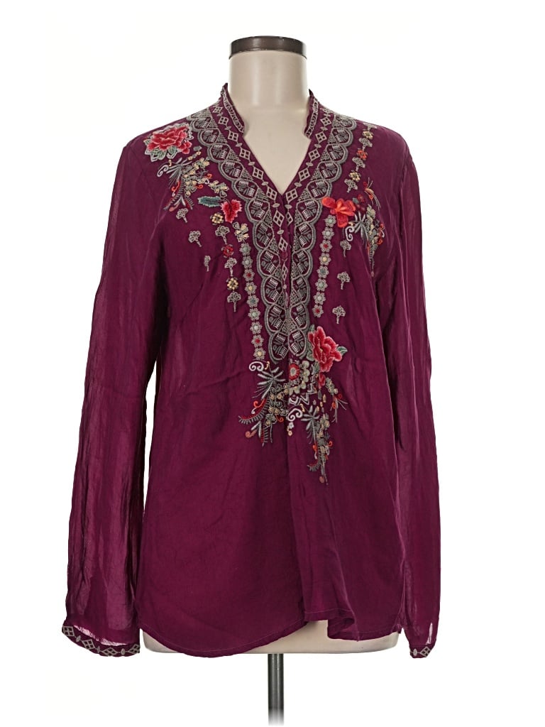 Pre-owned Johnny Was Long Sleeve Henley Shirt In Burgundy