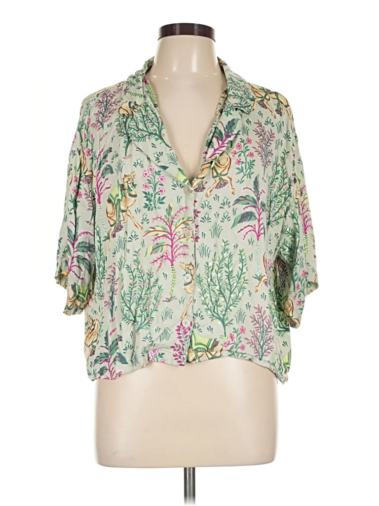 Pre-owned Printfresh Short Sleeve Blouse In Green
