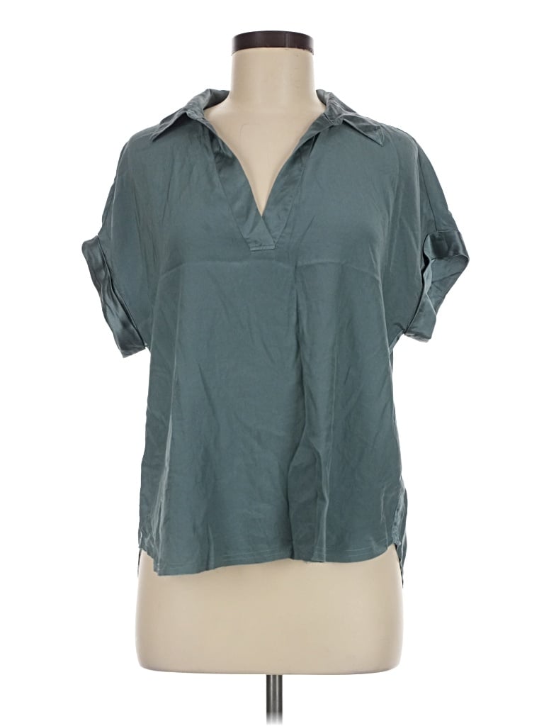 Pre-owned Go By Go Silk Short Sleeve Silk Top Teal Collared Neckline Tops