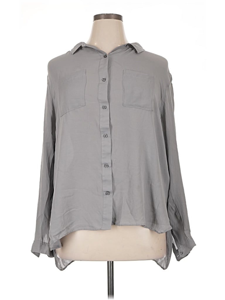 Pre-owned Pendleton Long Sleeve Silk Top Gray Solid Pattern Collared Neckline Tops