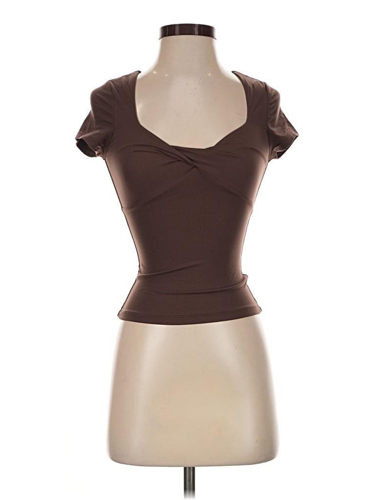 Pre-owned Qinsen Short Sleeve Top Brown Sweetheart Neckline Tops