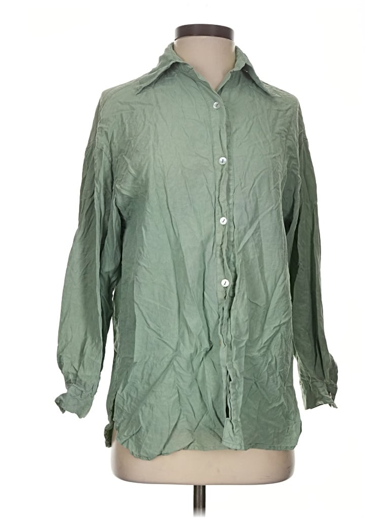 Pre-owned Hype 3/4 Sleeve Silk Top Green Solid Pattern Mock Neckline Tops