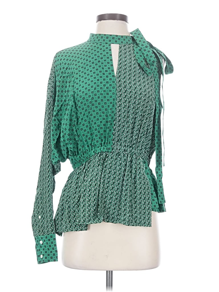 Pre-owned Robert Rodriguez Long Sleeve Silk Top Green Tie Neck Tops