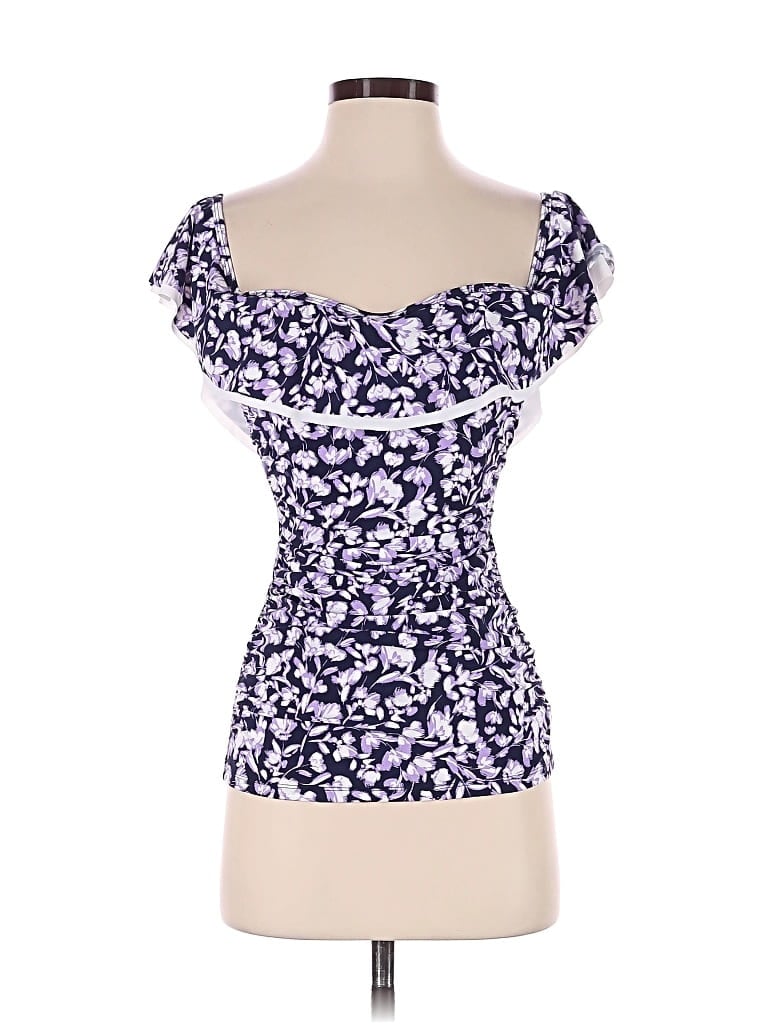 Pre-owned Profile By Gottex Short Sleeve Top Purple Sweetheart Neckline Tops