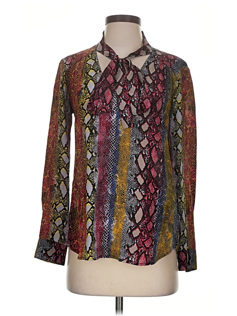 Pre-owned Ella Moss Long Sleeve Silk Top Burgundy Paisley Pattern Tie Neck Tops