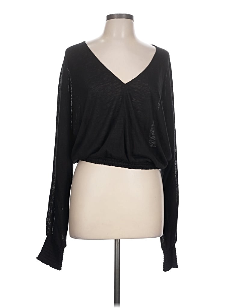 Pre-owned Evereve Long Sleeve Top Black Plunge Neckline Tops