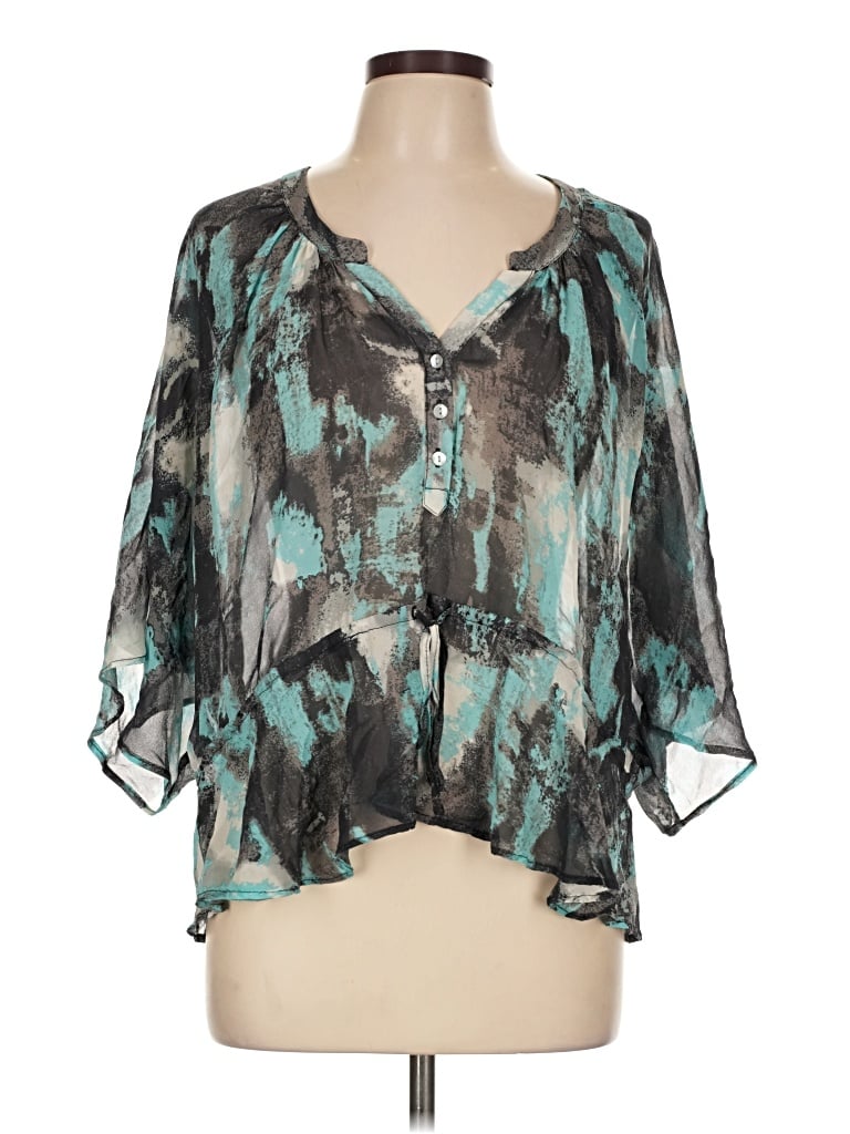 Pre-owned Central Park West 3/4 Sleeve Silk Top Teal Plunge Neckline Tops
