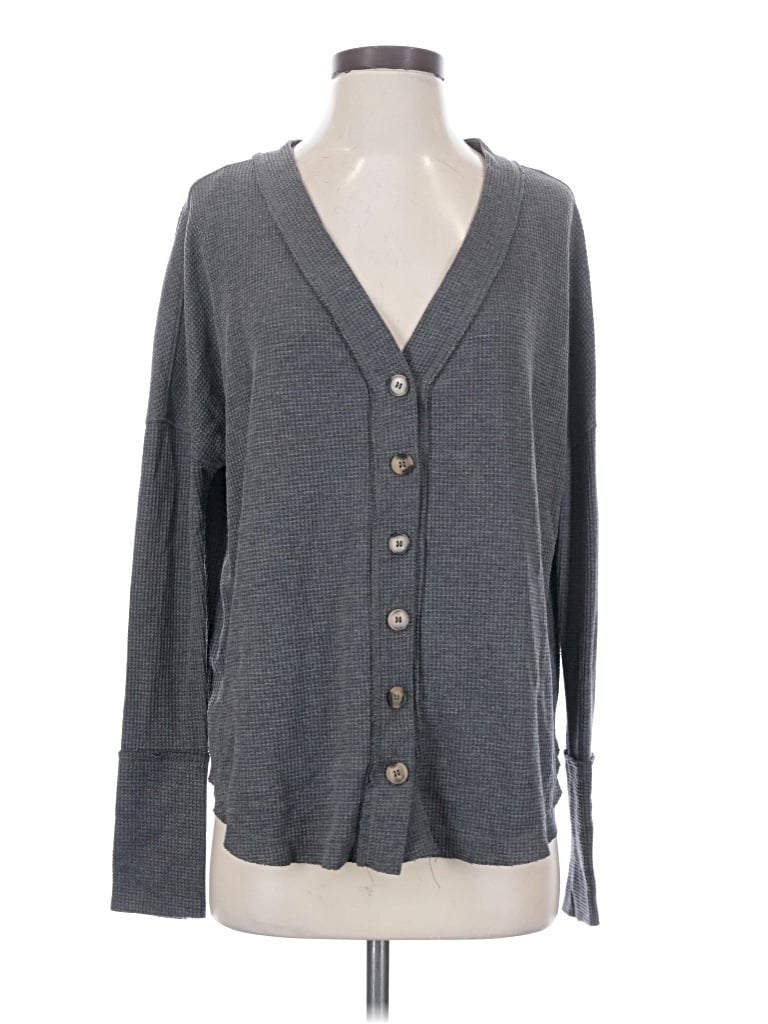 Pre-owned In-loom Long Sleeve Top Gray Plunge Neckline Tops