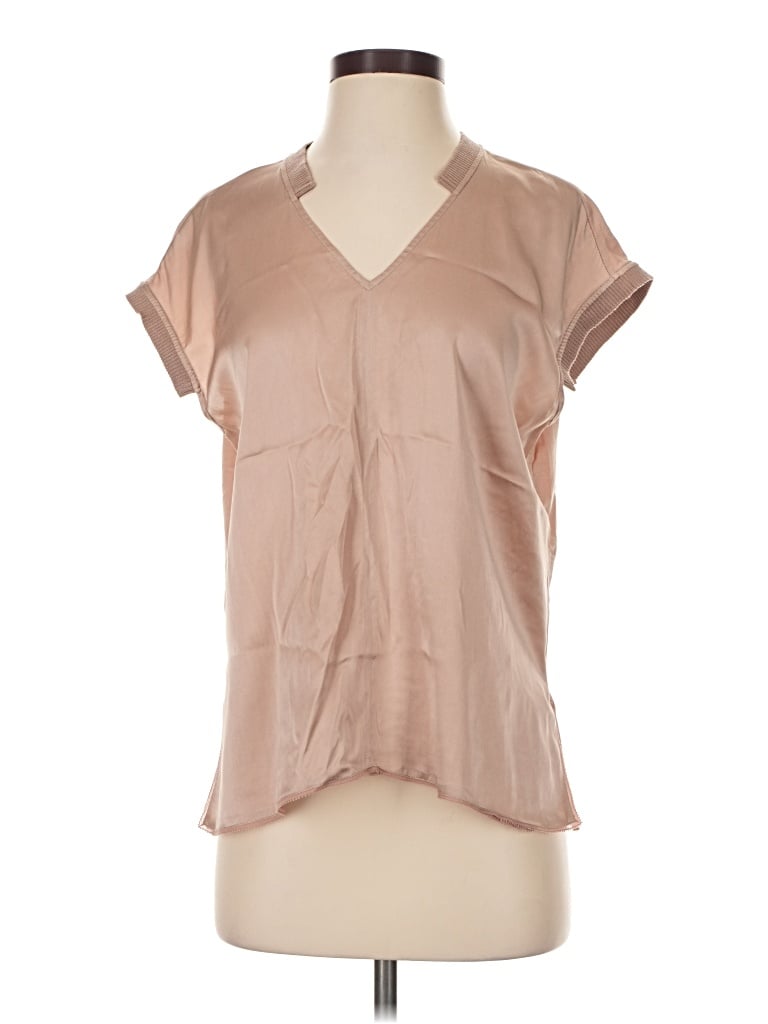 Pre-owned Go Silk Short Sleeve Silk Top Tan V-neck Tops