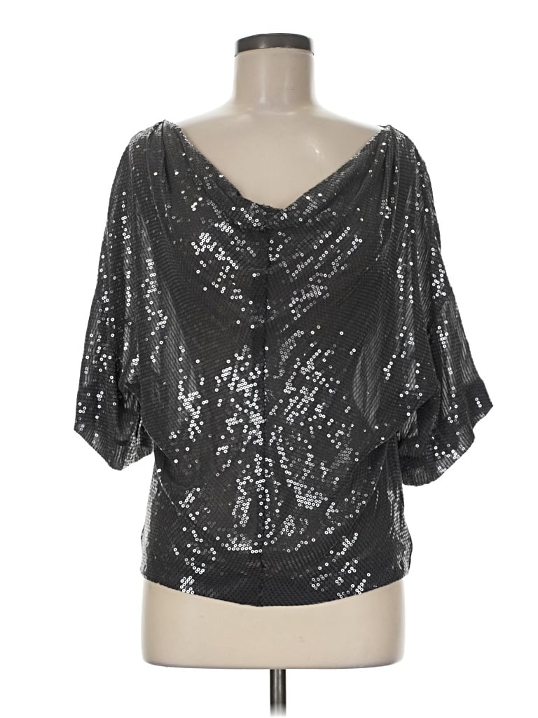 Pre-owned Robert Rodriguez 3/4 Sleeve Silk Top Silver Metallic Pattern Plunge Neckline Tops