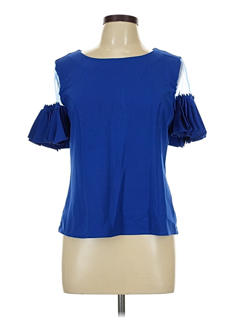 Pre-owned Gracia Short Sleeve Top Blue Cold Shoulder Neckline Tops