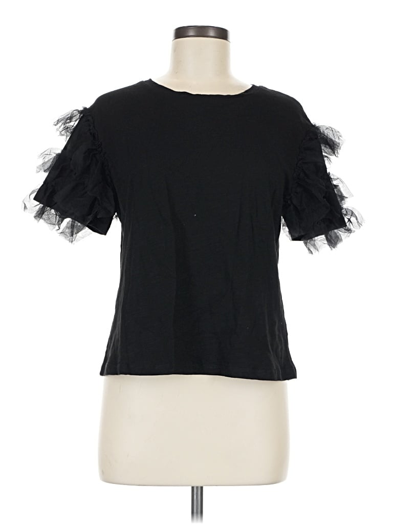 Pre-owned Lea & Viola Short Sleeve Top Black Ruffles Neckline Tops