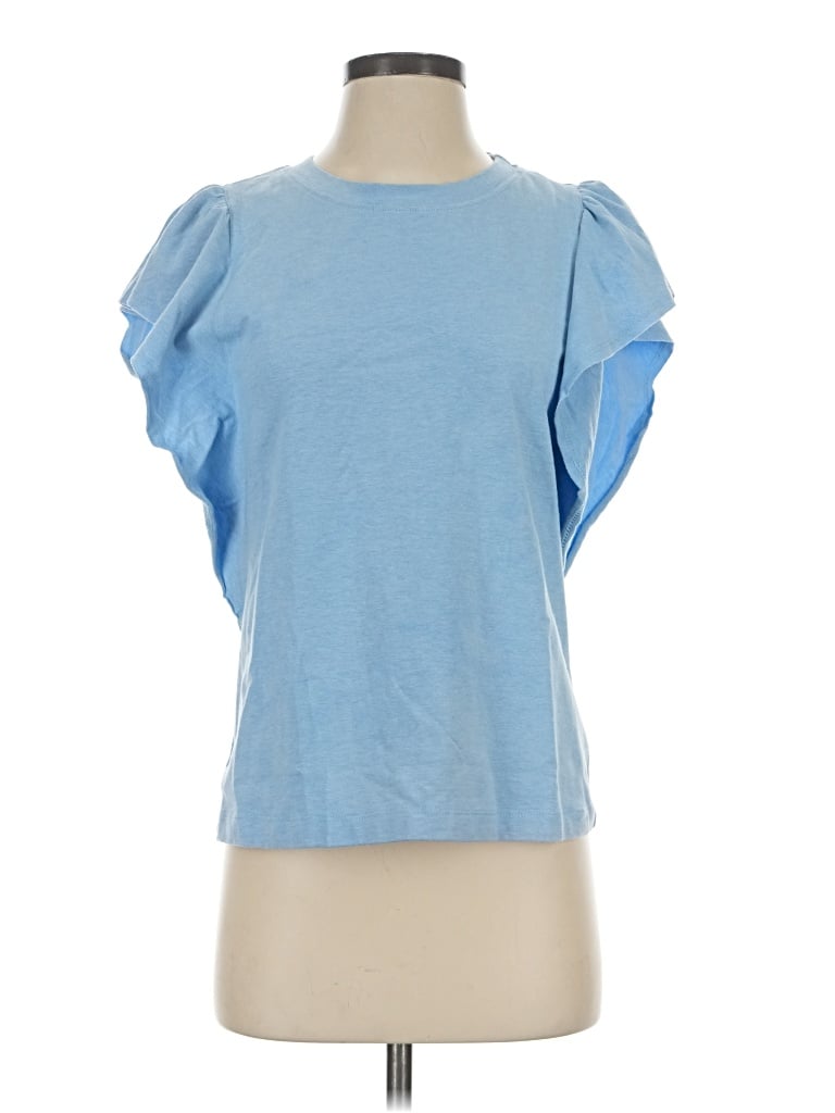 Maven West Short Sleeve Top Blue Ruffles Neckline Tops